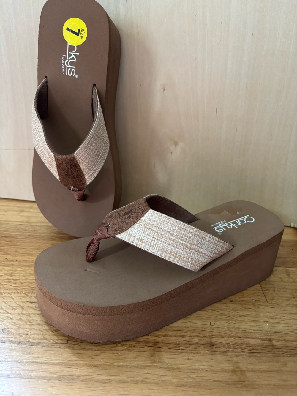 Corkys Woven Platform Wedge Flip Flop Sandals Brown Size 7